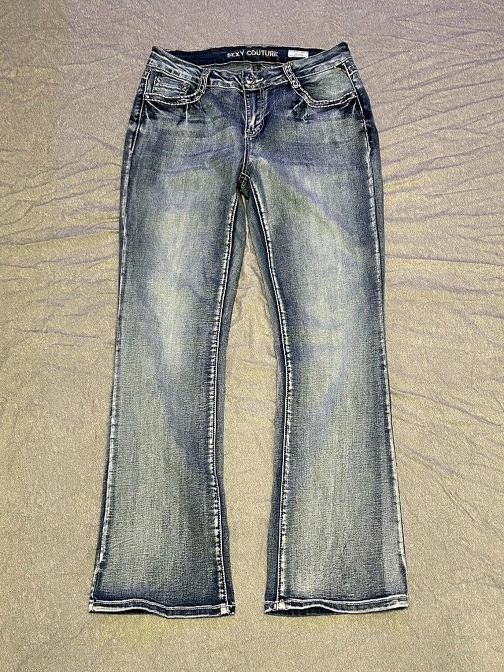 Sexy Couture Size 13 Blue Y2K Embellished Rhinestone Pocket Bootcut Jeans